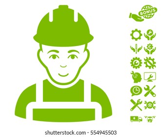 Builder icon with bonus configuration pictures. Vector illustration style is flat iconic eco green symbols on white background.