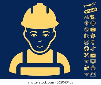 Builder icon with bonus copter service graphic icons. Vector illustration style is flat iconic yellow symbols on blue background.