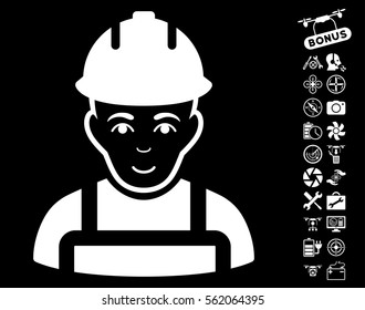 Builder icon with bonus flying drone tools graphic icons. Vector illustration style is flat iconic white symbols on black background.