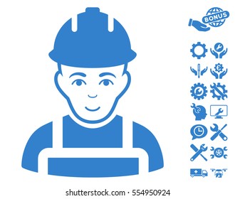 Builder icon with bonus options pictograph collection. Vector illustration style is flat iconic cobalt symbols on white background.