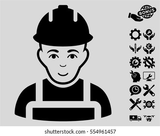 Builder icon with bonus options icon set. Vector illustration style is flat iconic black symbols on light gray background.