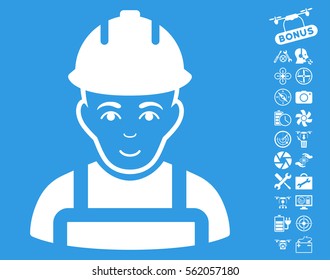 Builder icon with bonus quad copter tools pictograms. Vector illustration style is flat iconic white symbols on blue background.