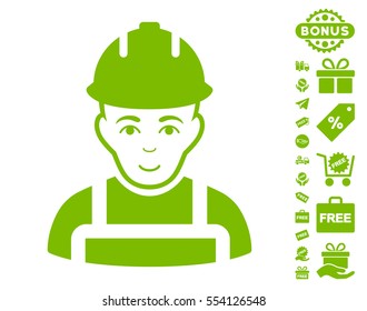 Builder icon with free bonus design elements. Vector illustration style is flat iconic symbols, eco green color, white background.