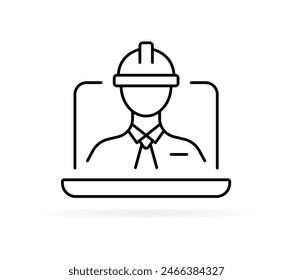 Builder Icon. Builder on a laptop. Linear style. Vector icon