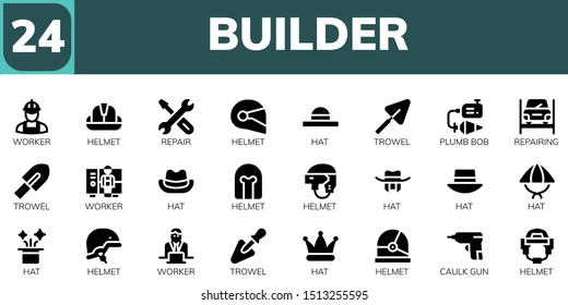 builder icon set. 24 filled builder icons.  Collection Of - Worker, Helmet, Repair, Hat, Trowel, Plumb bob, Repairing, Caulk gun icons