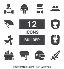 builder icon set. Collection of 12 filled builder icons included Caulk gun, Helmet, Headgear, Bench press, Hat, Worker