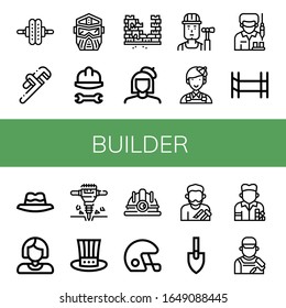 builder icon set. Collection of Roller, Pipe wrench, Helmet, Brick, Painter, Builder, Worker, Scaffolding, Hat, Jackhammer, Hard hat, Craftsman, Trowel icons