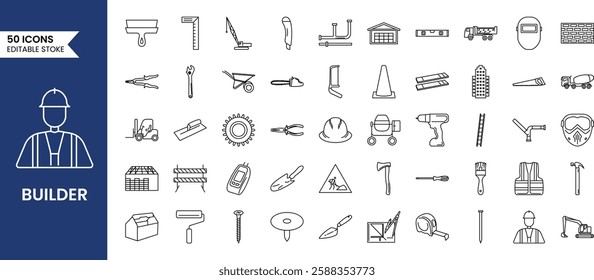 Builder icon set in line style. Helmet, spanner, ruler, cone and more. Vector illustration