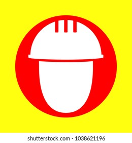 Builder icon. Vector. White flat icon inside red circle at yellow background. Isolated.