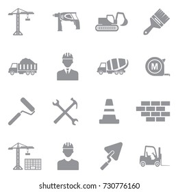 Builder Icons. Gray Flat Design. Vector Illustration. 