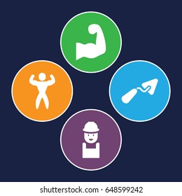 Builder icons set. set of 4 builder filled icons such as trowel, worker, bodybuilder