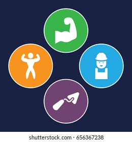 Builder icons set. set of 4 builder filled icons such as trowel, worker, bodybuilder