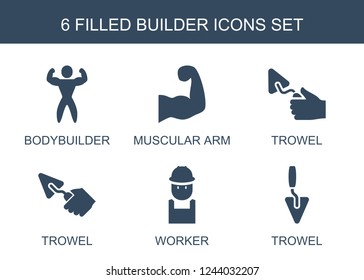 builder icons. Set of 6 filled builder icons included bodybuilder, muscular arm, trowel, worker on white background. Editable builder icons for web, mobile and infographics.
