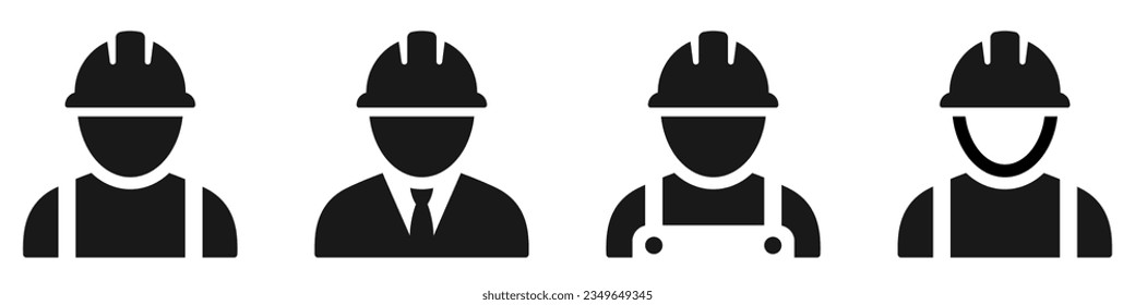 Builder icons set. Avatar with hard helmet and jacket set. Construction worker, engineer, labour, male worker and employee in a helmet - stock vector.