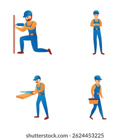 Builder icons set cartoon vector. Team of worker with tool and equipment. Repair and construction service