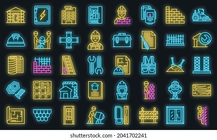 Builder icons set. Outline set of builder vector icons neon color on black