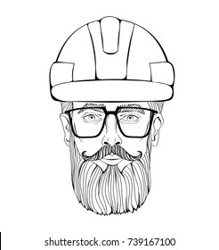 Builder, industrial worker. The face of a bearded man with glasses in a construction helmet. Contour Vector Illustration, isolated on white background.