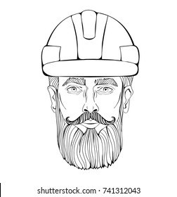 Builder, industrial worker. The face of a bearded man in a construction helmet. Contour Vector Illustration, isolated on white background.
