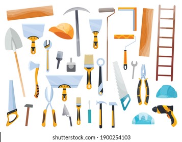 Builder instrument. Big flat icon collection of hand and power electric tools for construction workers. Set of master tools used for wood, metal, plastic, stone, concrete and other materials