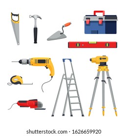 Builder instrument cartoon collection. Repair service tools set. Hand saw, hammer, trowel, tool box, liquid and laser level, measuring tape, electric drill, grinder, step ladder. Vector illustration