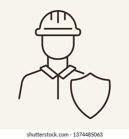 Builder insurance line icon. Worker in helmet or hard hat and shield. Insurance concept. Vector illustration can be used for topics like protection, construction, safety requirements