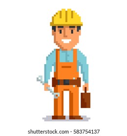 Builder isolated on white background. Repair man with tools pixel game style illustration. Repairman vector pixel art design. funny 8 bit people character icon. 