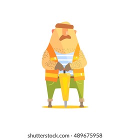 Builder With Jackhammer On Construction Site. Graphic Design Cool Geometric Style Isolated Character On White Background