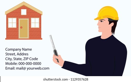 A builder with a key in his hand, a house, company requisites - an art vector. Concept Design Construction