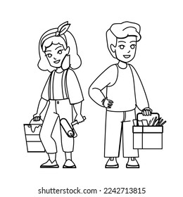 vector de dibujo de lápiz de línea de niño del constructor. niña, construcción de trabajadores, casco de ingeniero, trabajo de profesión, personaje de niño pequeño que construye trabajo. Ilustración de personas