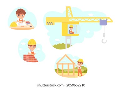 Builder kids work on building construction set vector illustration. Cartoon cute girl boy child characters in helmets use construction crane, hammer, trowel equipment to build house isolated on white