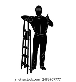 builder with ladder silhouette, on white background vector