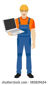 Builder with laptop. Full length portrait of builder in a flat style. Vector illustration.