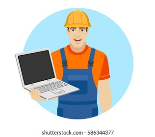Builder with laptop. Portrait of builder in a flat style. Vector illustration.