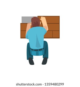 Builder Laying Laminate on Floor, Male Construction Worker Character with Professional Equipment Vector Illustration