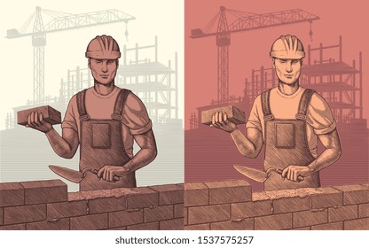 The builder is laying the wall. Design set. Hand drawn engraving. Editable vector vintage illustration. Isolated on light and dark backgrounds. 8 EPS 