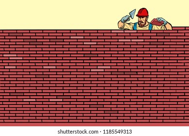 The Builder lays brick masonry at the top. Pop art retro vector illustration vintage kitsch
