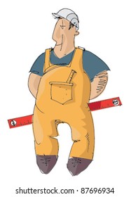 builder with level in his hand - cartoon - handmade picture