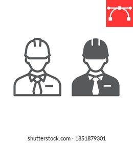 Icono de línea de construcción y glifo, trabajador de construcción y reparador, ingeniero gráficos vectoriales de señalización, icono lineal de trazo editable, eps 10