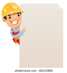 Builder looking at blank poster. In the EPS file, each element is grouped separately. Isolated on white background.