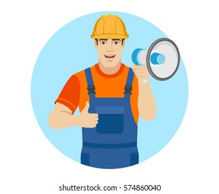 Builder with loudspeaker shows thumb up. Portrait of builder in a flat style. Vector illustration.
