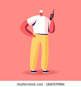 Builder Male Character in Hard Hat Holding Walkie Talkie. Man Contractor Architect on Building Construction Site Managing Working Process, Communicate with Radio Set. Cartoon Vector Illustration