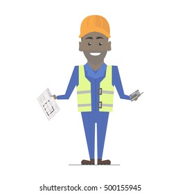 Builder man African American working. Architecture vector construction work