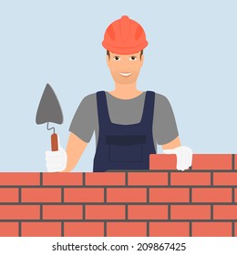 Builder Man Is Building A Brick Wall.