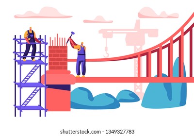 Builder Man Building Bridge With Bricks. Group Of Engineer Build Gate With Hammer. Worker In Helmet Construct Standing On Ladder. Engineering Construction Crane Flat Cartoon Vector Illustration