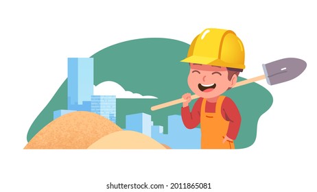 Builder man at building construction or road repair site holding shovel. Happy constructor worker kid person in safety helmet working in city. Constructor job occupation flat vector illustration