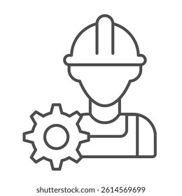 Builder man and cogwheel thin line icon, repair service concept. Vector graphics. Engineer gear, human with hat sign on white background, linear style icon for mobile or web design