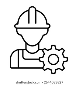 Builder man and cogwheel thin line icon, repair service concept. Vector graphics. Engineer gear, human with hat sign on white background, style mobile or design