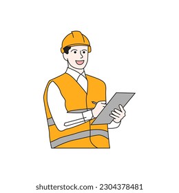 Der Baumeister in einer Bauweste und orangefarbener Helm auf weißem Studiohintergrund