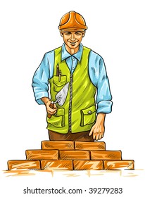 builder man with derby tool building a wall - vector illustration