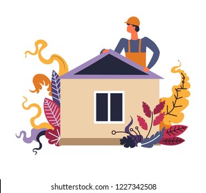 Hombre generador terminando el proceso de construcción del vector de la casa de construcción. Una persona con casco y uniforme especial completó la restauración del hogar. Elementos florales, follaje y decoración de hojas a mano